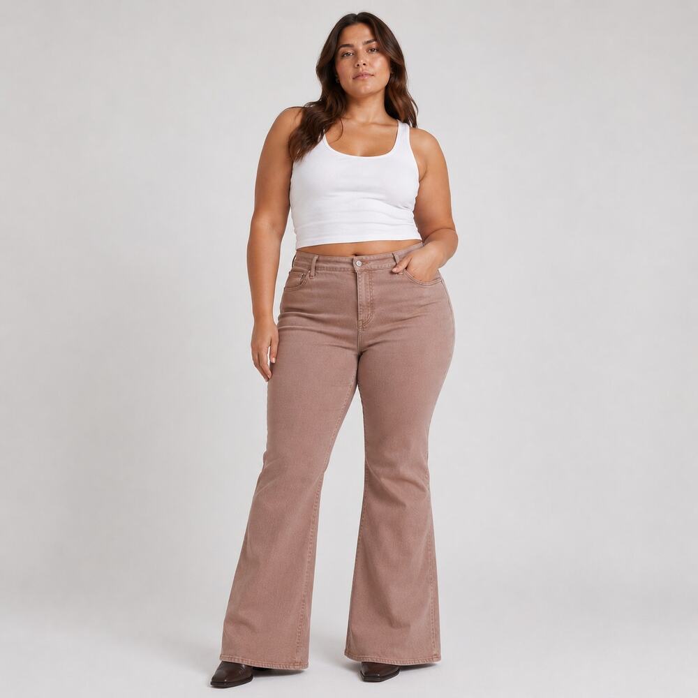 Express 70s Flare Jeans Tan‎ Blush Mid Rise Stretch 14L Y2K Retro